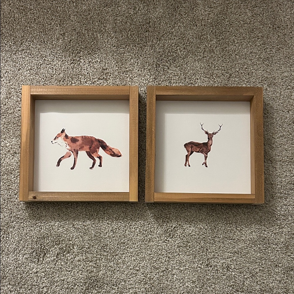 Wooden Framed Fox and Deer Art Set